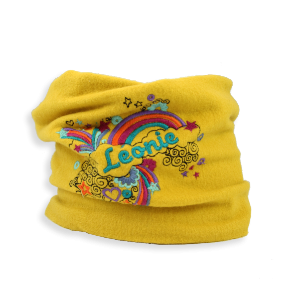 Yellow-organic-cotton-rainbow-embroidered-children’s-scarf