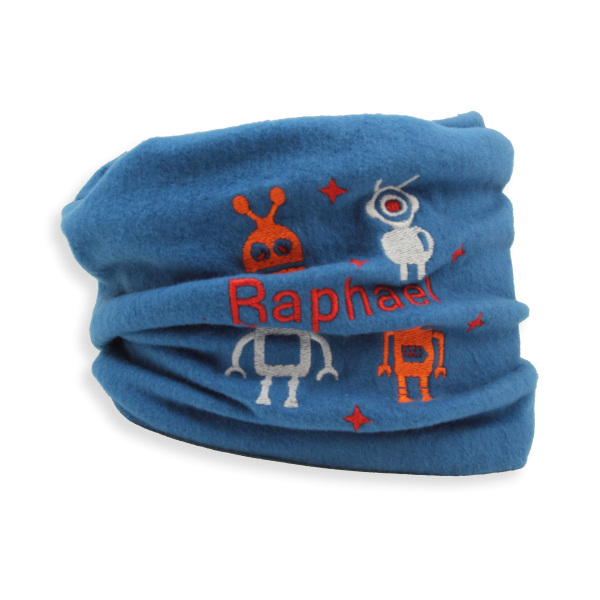 Blue-organic-cotton-robots-embroidered-children’s-scarf