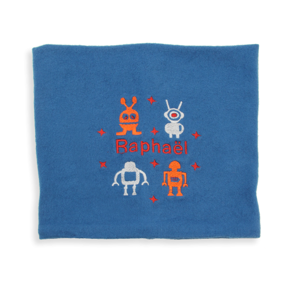 Blue-organic-cotton-robots-embroidered-children’s-scarf