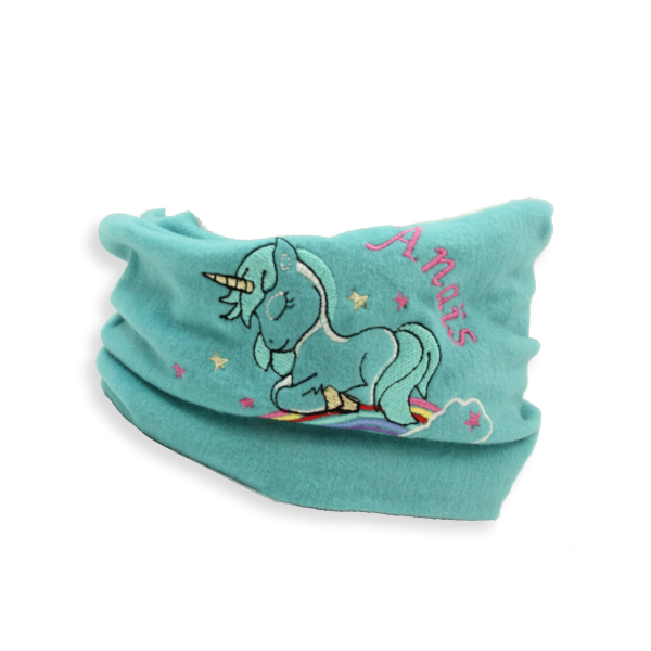 Scarf-child-cotton-organic-turquoise-broidered-unicorn