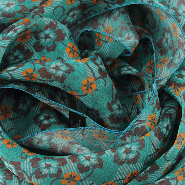 Women's-silk-scarf-green-printed-flower-made-in-France