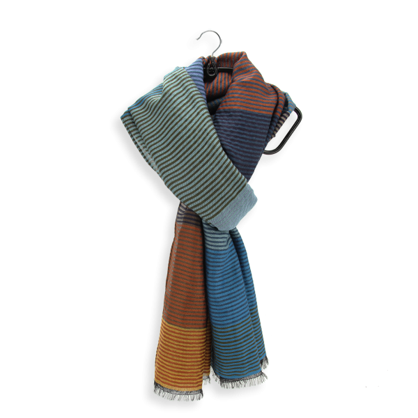 Stole-unisex-Kaleida-wool-cotton-silk-blue-brown-duck