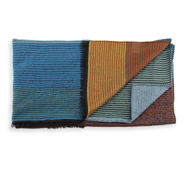 Stole-unisex-Kaleida-wool-cotton-silk-blue-brown-duck