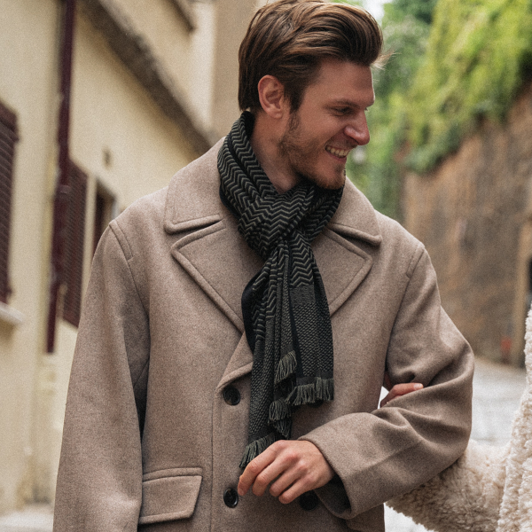 Khaki-black-merino-wool-silk-men's-scarf-Sporty