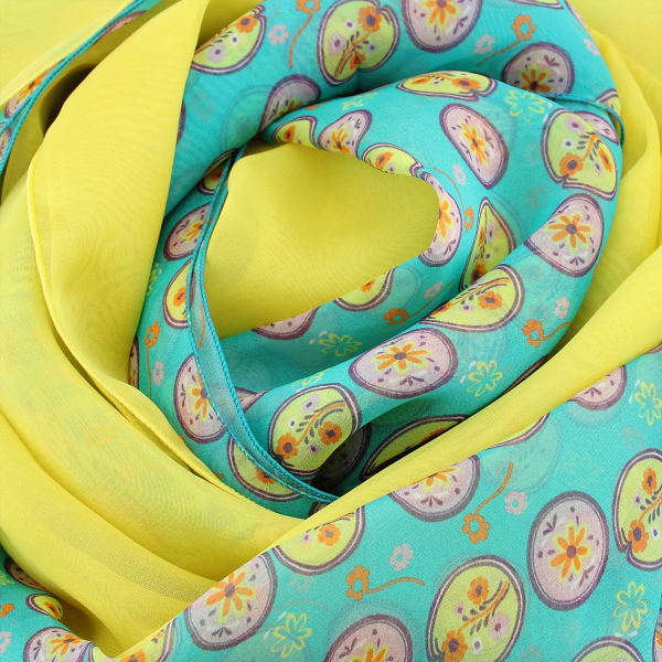 women's-matching-silk-airy scarf-printed-flowers-medaillon-turquoise-scarf-monochrome-yellow