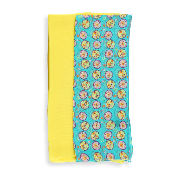 women's-matching-silk-airy scarf-printed-flowers-medaillon-turquoise-scarf-monochrome-yellow