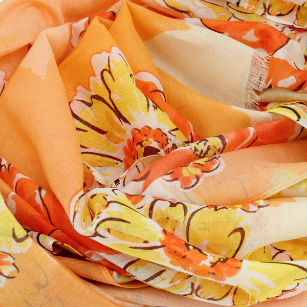 Women's-silk-cotton-orange-scarf-printed-bouquet