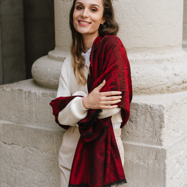 Extra-large-wool-rayon-cotton-silk-red-stole-Sentiment