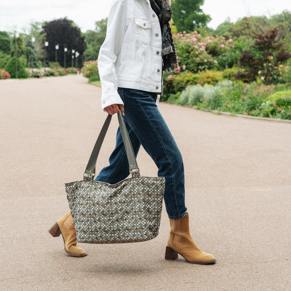 Beige Vichy tote bag cotton and linen 