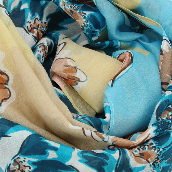 Women's-silk-cotton-turquoise-scarf-printed-bouquet