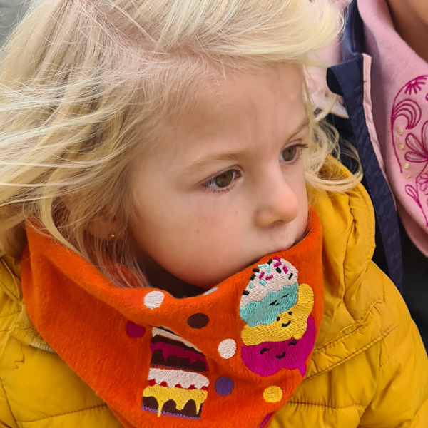 Halloween-orange-organic-cotton-cake-embroidered-children’s-scarf