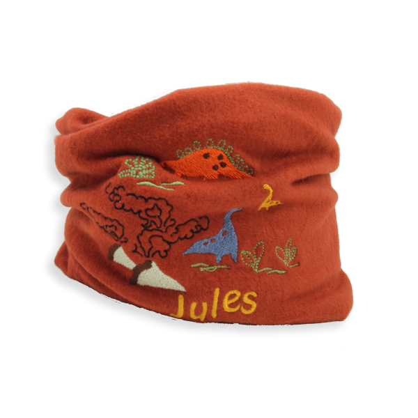 Rust-organic-cotton-dinosaur-embroidered-children’s-scarf