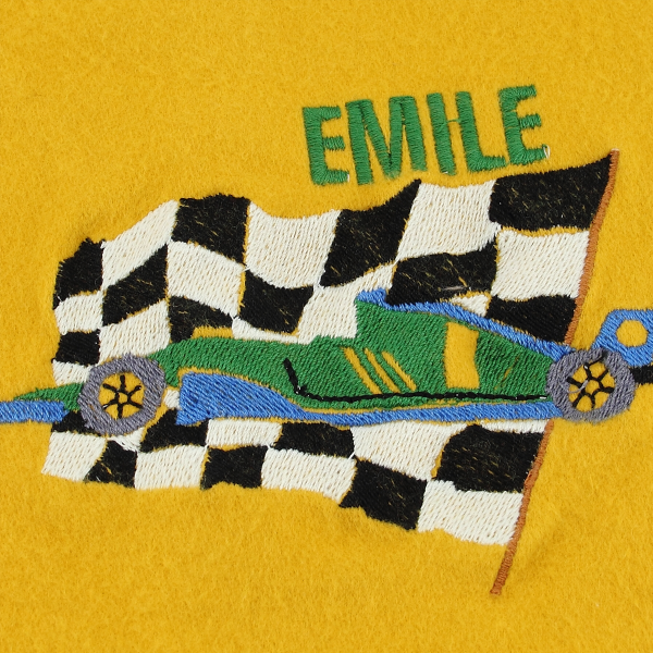 Yellow-organic-cotton-racing car-embroidered-children’s-scarf