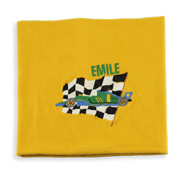 Yellow-organic-cotton-racing car-embroidered-children’s-scarf