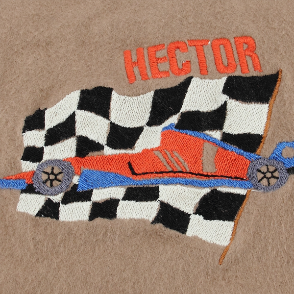 Beige-organic-cotton-racing car-embroidered-children’s-scarf