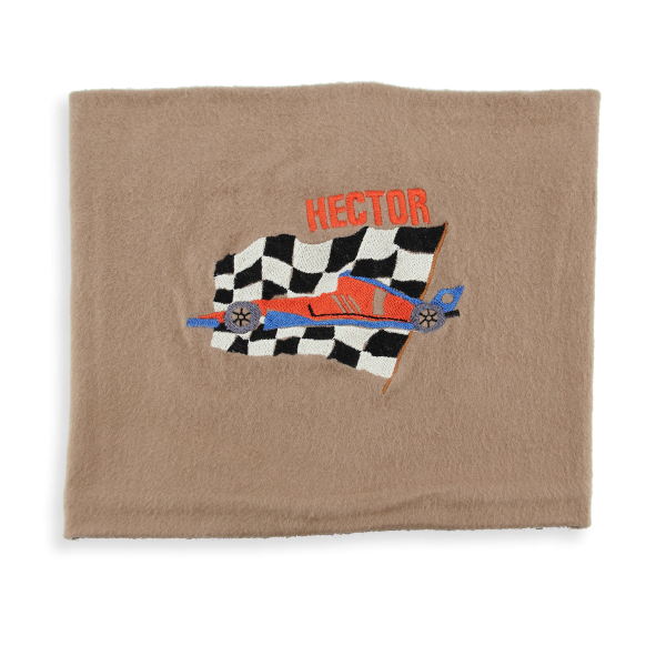 Beige-organic-cotton-racing car-embroidered-children’s-scarf
