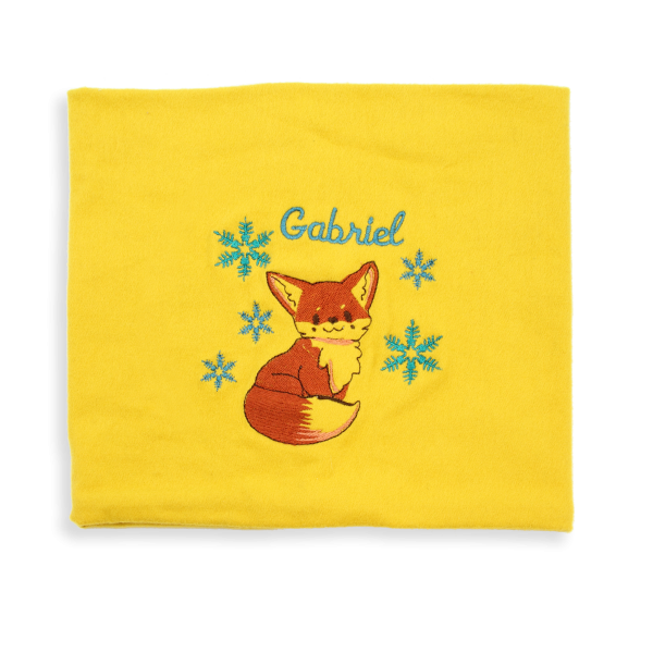 Yellow-organic-cotton-fox-embroidered-children’s-scarf