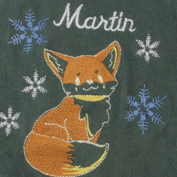 Khaki-green-organic-cotton-fox-embroidered-children’s-scarf