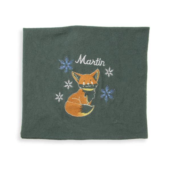 Khaki-green-organic-cotton-fox-embroidered-children’s-scarf