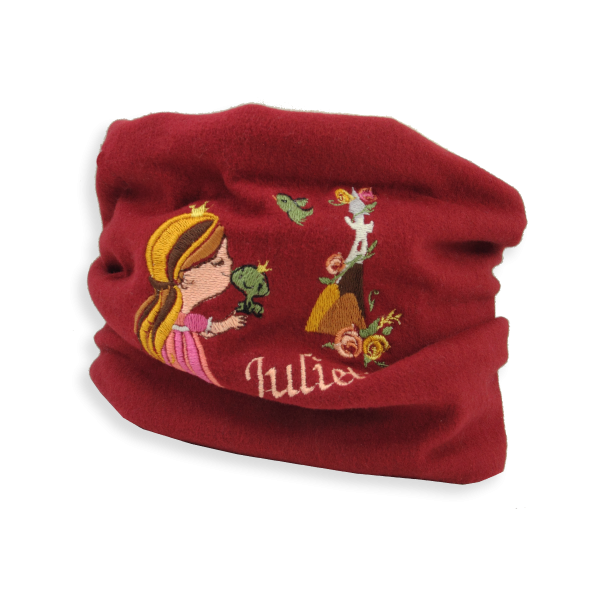 Dark red-organic-cotton-princess-embroidered-children’s-scarf