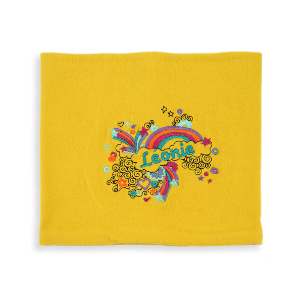 Yellow-organic-cotton-rainbow-embroidered-children’s-scarf