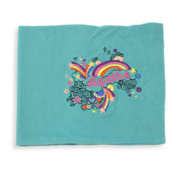 Turquoise-organic-cotton-rainbow-embroidered-children’s-scarf