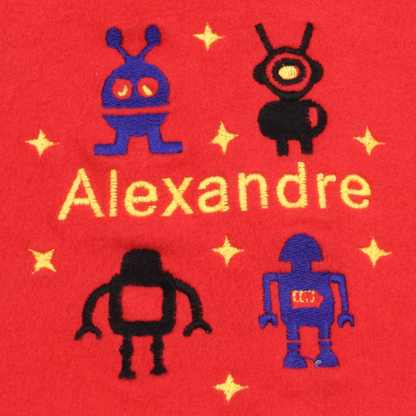 Red-organic-cotton-robots-embroidered-children’s-scarf