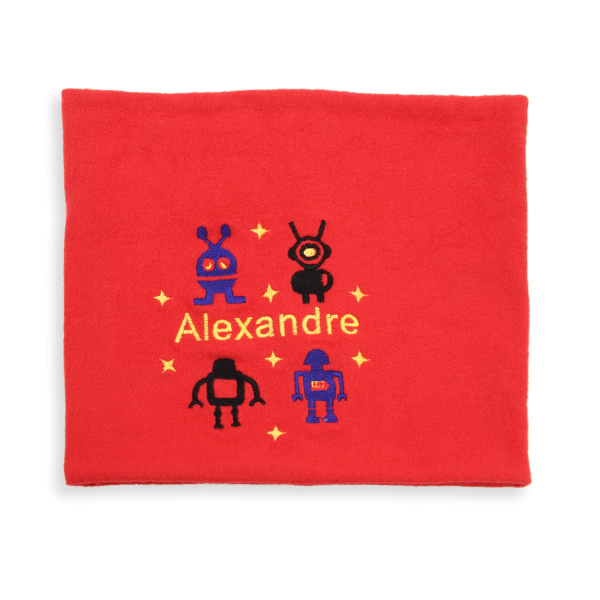 Red-organic-cotton-robots-embroidered-children’s-scarf