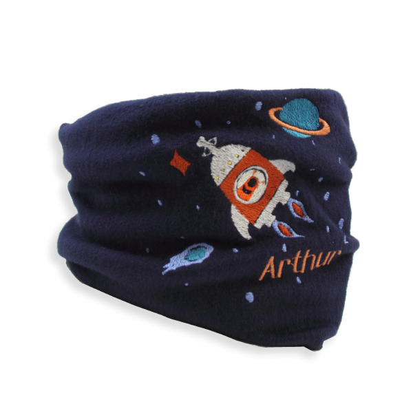 Scarf-child-broidery-rocket-extraterrestrial-cotton-organic-navy-blue
