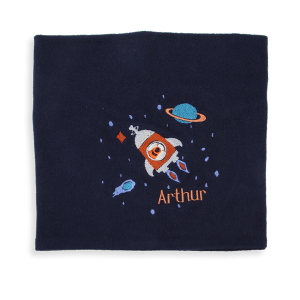 Scarf-child-broidery-rocket-extraterrestrial-cotton-organic-navy-blue