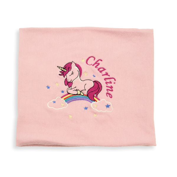 Pink-organic-cotton-unicorn-embroidered-children’s-scarf