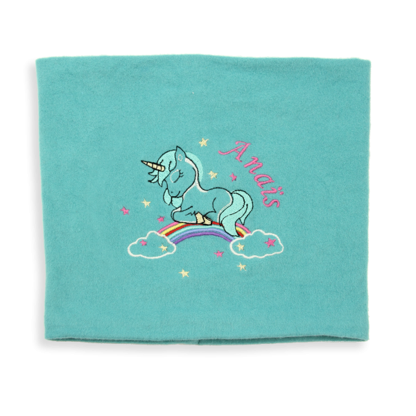 Scarf-child-cotton-organic-turquoise-broidered-unicorn