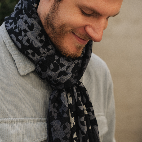 Gray-black-Merino wool-rayon-men’s-scarf-Running