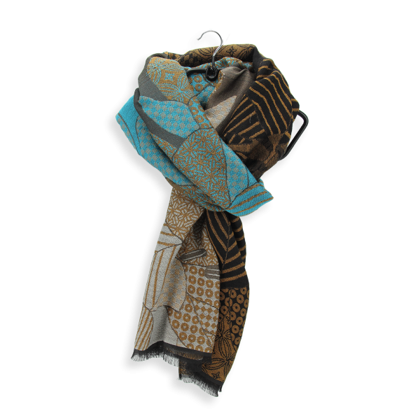 Khaki-turquoise-silk-wool-unisex-stole-Amour