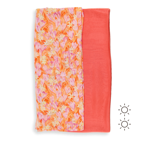 women's-matching-silk-airy scarf-printed-flowers-orange-scarf-monochrome-coral