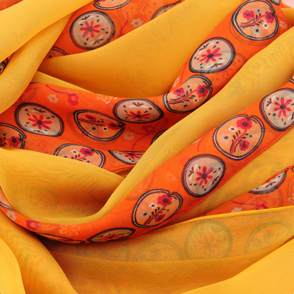 women's-matching-silk-airy scarf-printed-flowers-medaillon-orange-scarf-monochrome-golden