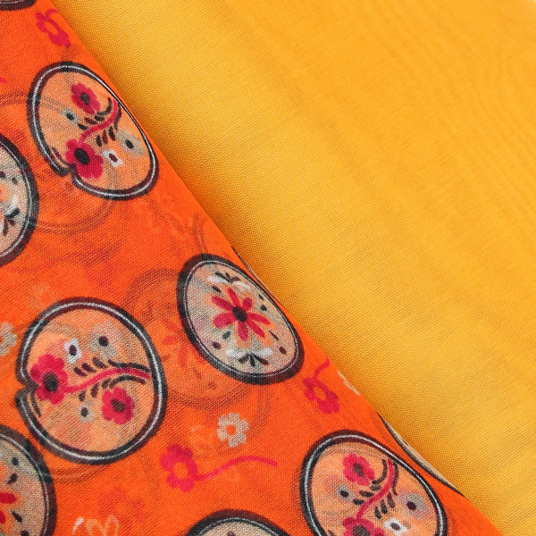 women's-matching-silk-airy scarf-printed-flowers-medaillon-orange-scarf-monochrome-golden