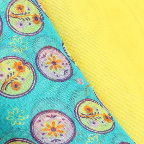 women's-matching-silk-airy scarf-printed-flowers-medaillon-turquoise-scarf-monochrome-yellow