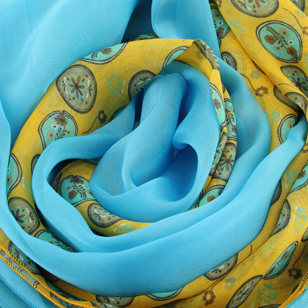 women's-matching-silk-airy scarf-printed-flowers-medaillon-yellow-scarf-monochrome-turquoise-blue