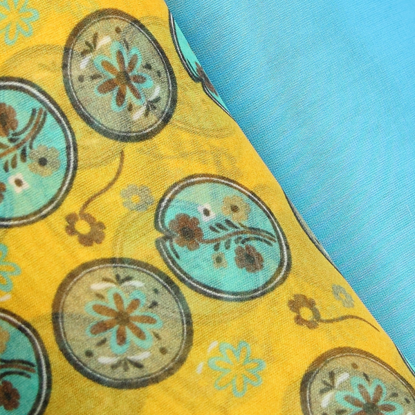 women's-matching-silk-airy scarf-printed-flowers-medaillon-yellow-scarf-monochrome-turquoise-blue