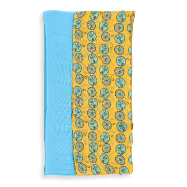 women's-matching-silk-airy scarf-printed-flowers-medaillon-yellow-scarf-monochrome-turquoise-blue