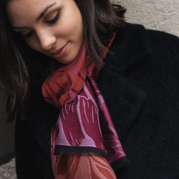 Made-in-France-Ami-pink-red-rayon-cotton-Merino-wool-scarf