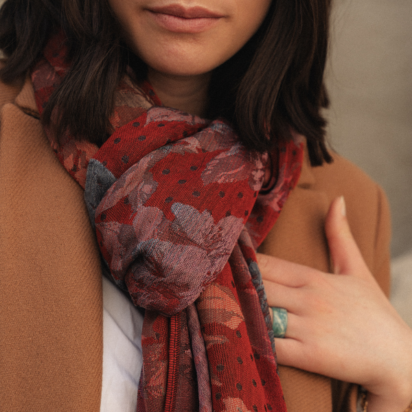 Red-brick-silk-wool-women’s-stole-flower-power