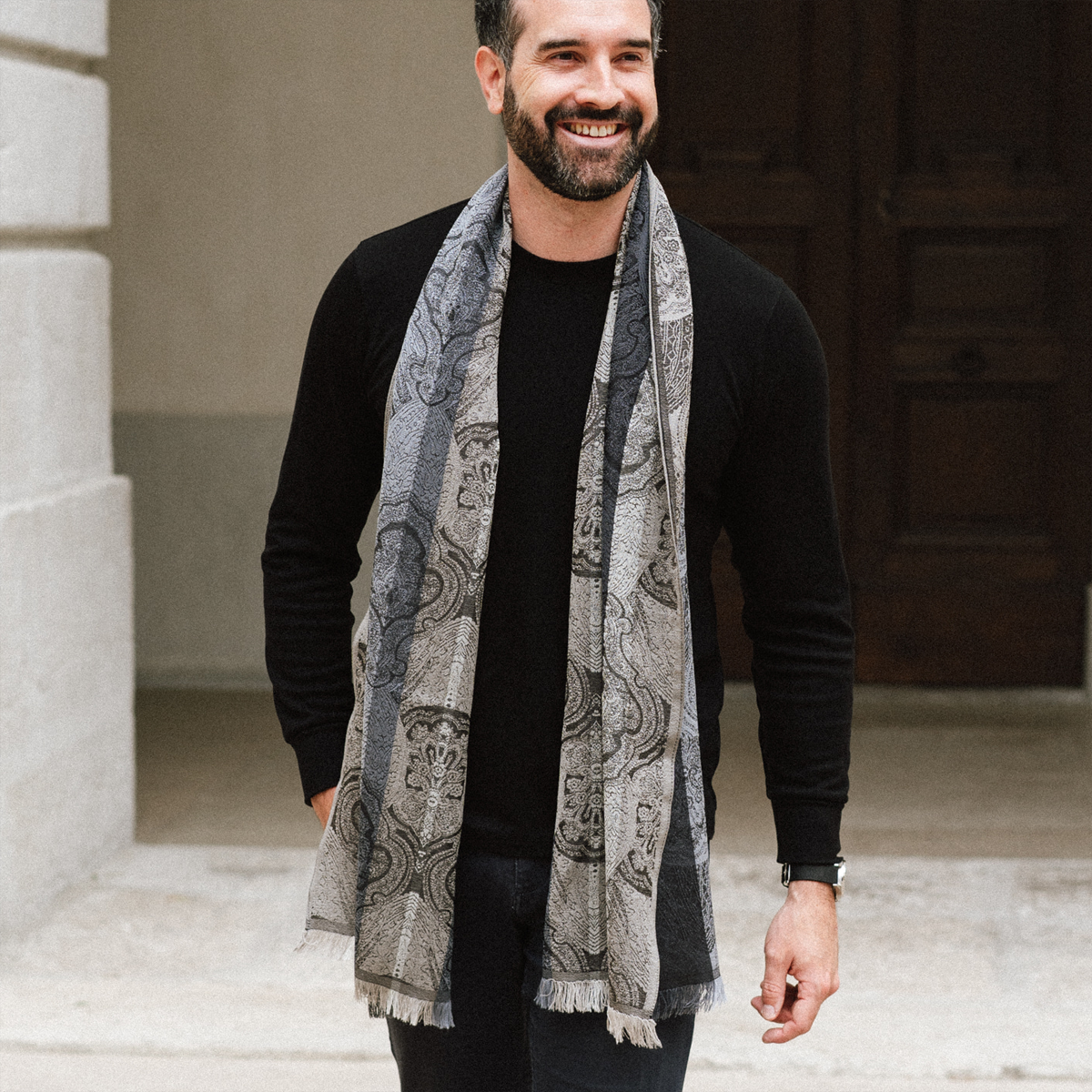Beautiful gray silk and wool men's scarf Ornamental cashmere style.